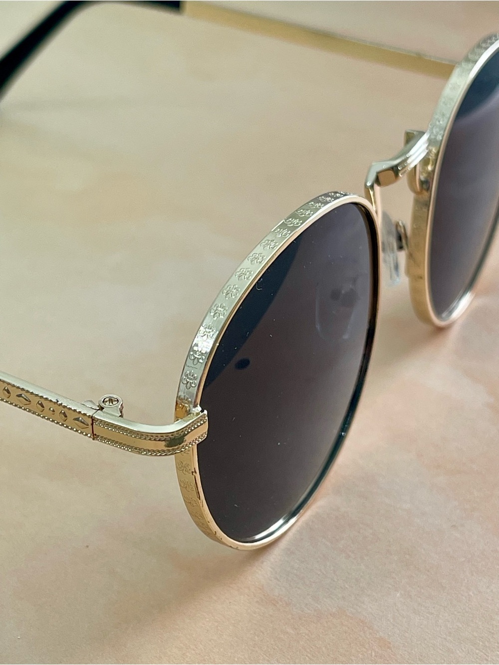 Free People Round Textured Metal Frame Sunglasses in Gold with Black Lenses - Picture 3 of 14